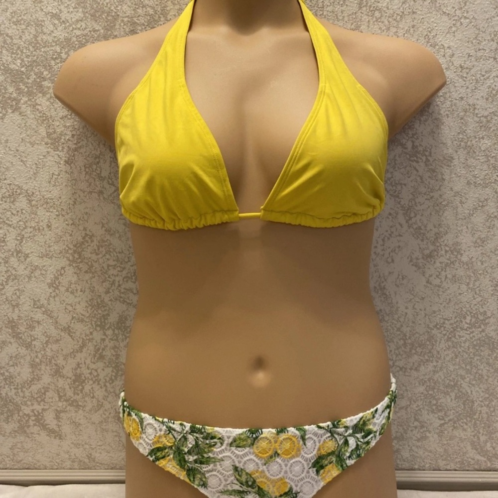 Vibrant Yellow Halter Bikini with Lemon Print Bottom
